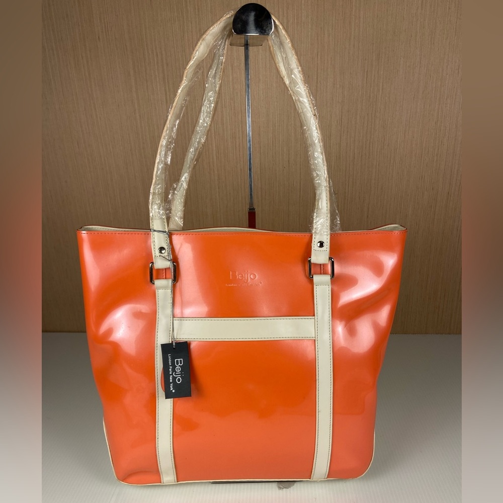 💐Beijo Orange Patent Tote Bag Cream Trim Large Shoulder Bag